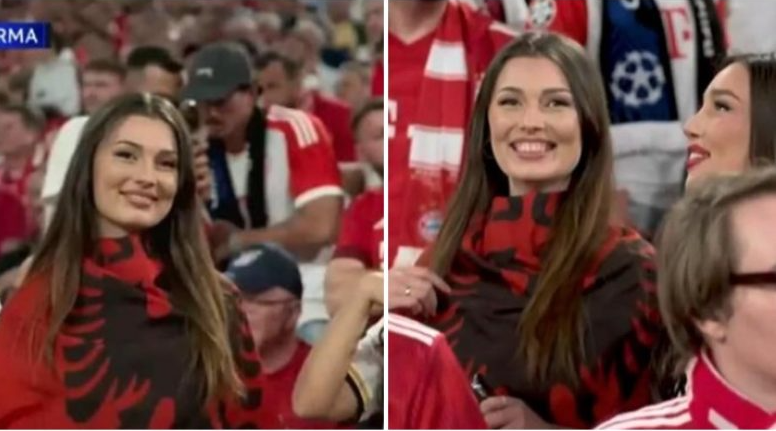Tifozja shqiptare e mbështjellur me flamurin kombëtar në tribunat e Allianz Arenas për ndeshjen Bayern-Real