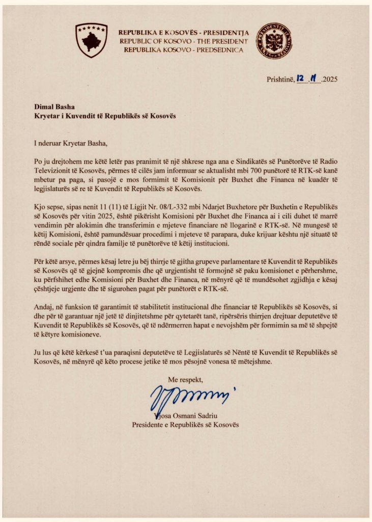 Punëtorët e RTK-së pa paga, Osmani letër Bashës: Të formohen urgjentisht komisionet parlamentare