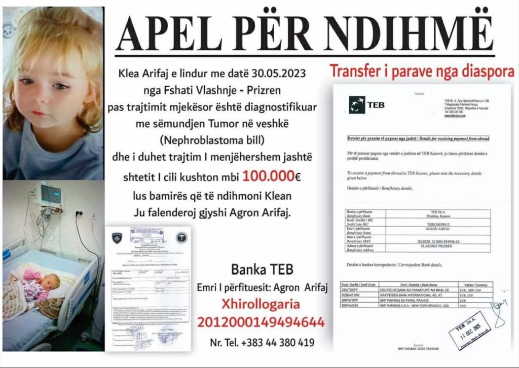 Apel për ndihmë: Dyvjeçarja nga Prizreni, Klea Arifaj, ka nevojë për trajtim urgjent jashtë vendit